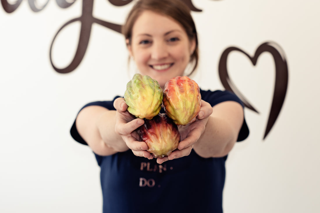 Holly Garner with cocoa pods